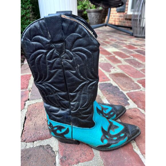 Vtg Sundance Flings Leather Teal Black Western Boots. See size measurements! - Picture 5 of 8